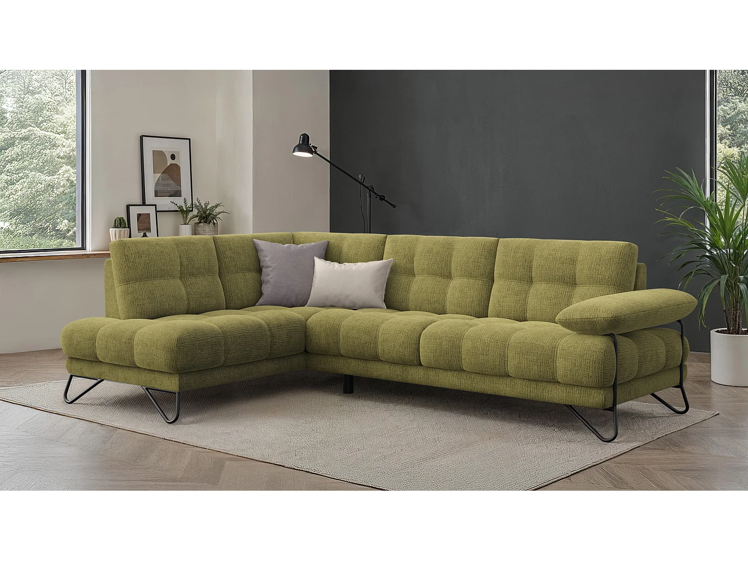 CANAPÉ D'ANGLE BUBBARA 5 places, tissu vert olive