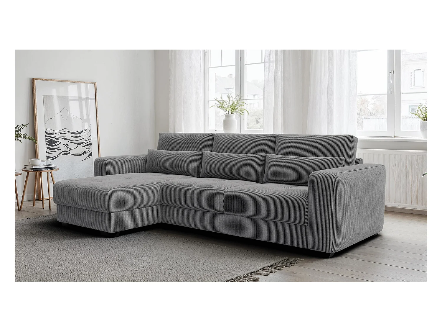 CANAPÉ D'ANGLE OLI 4 places, tissu gris foncé