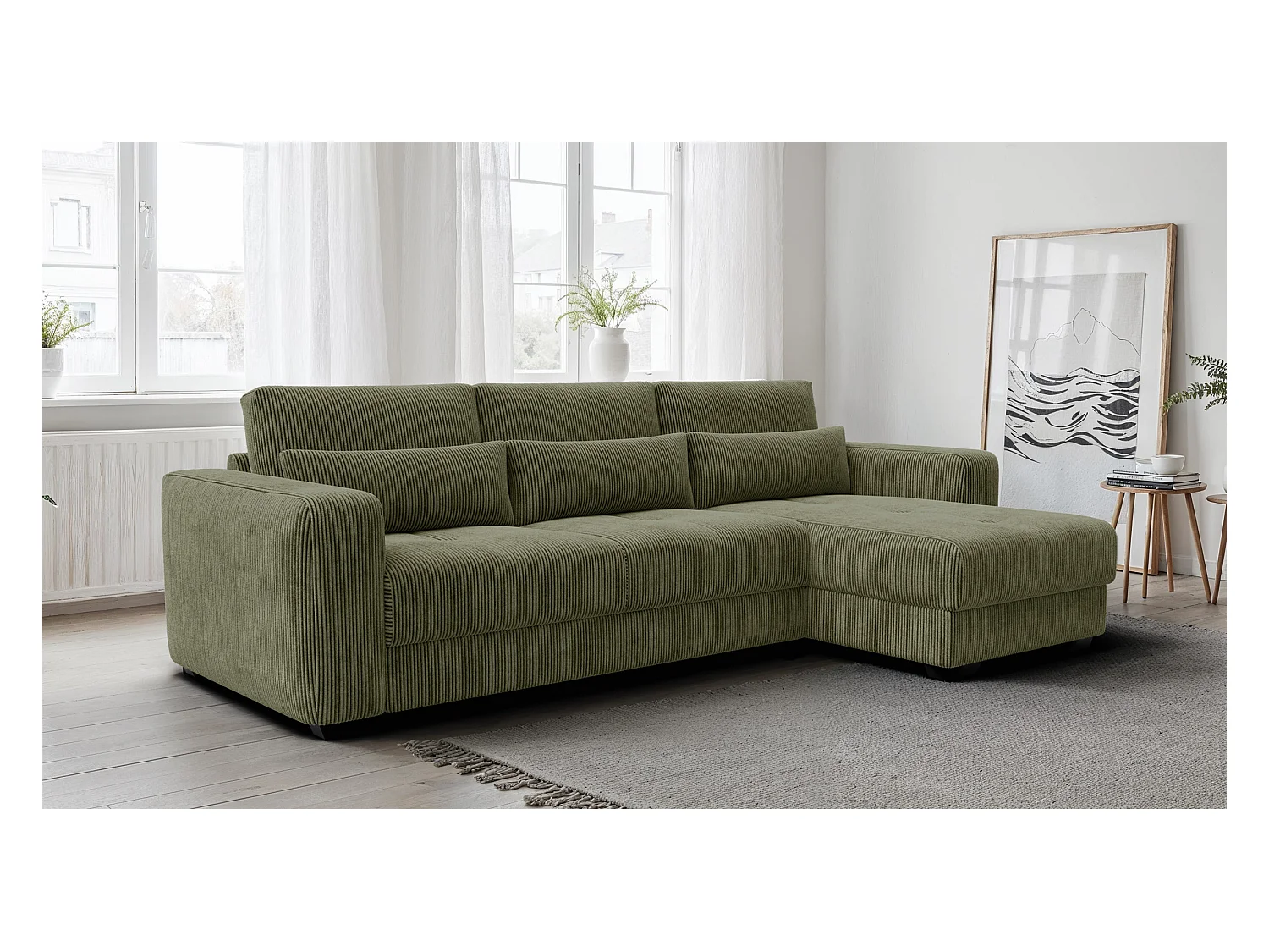 CANAPÉ D'ANGLE OLI 4 places, tissu olive