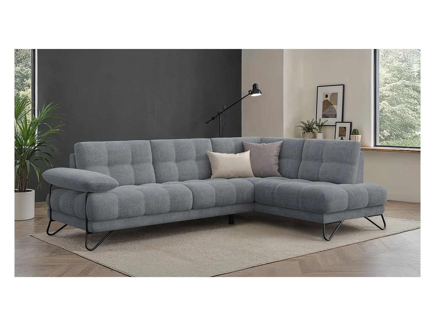 CANAPÉ D'ANGLE BUBBARA 5 places, tissu gris foncé