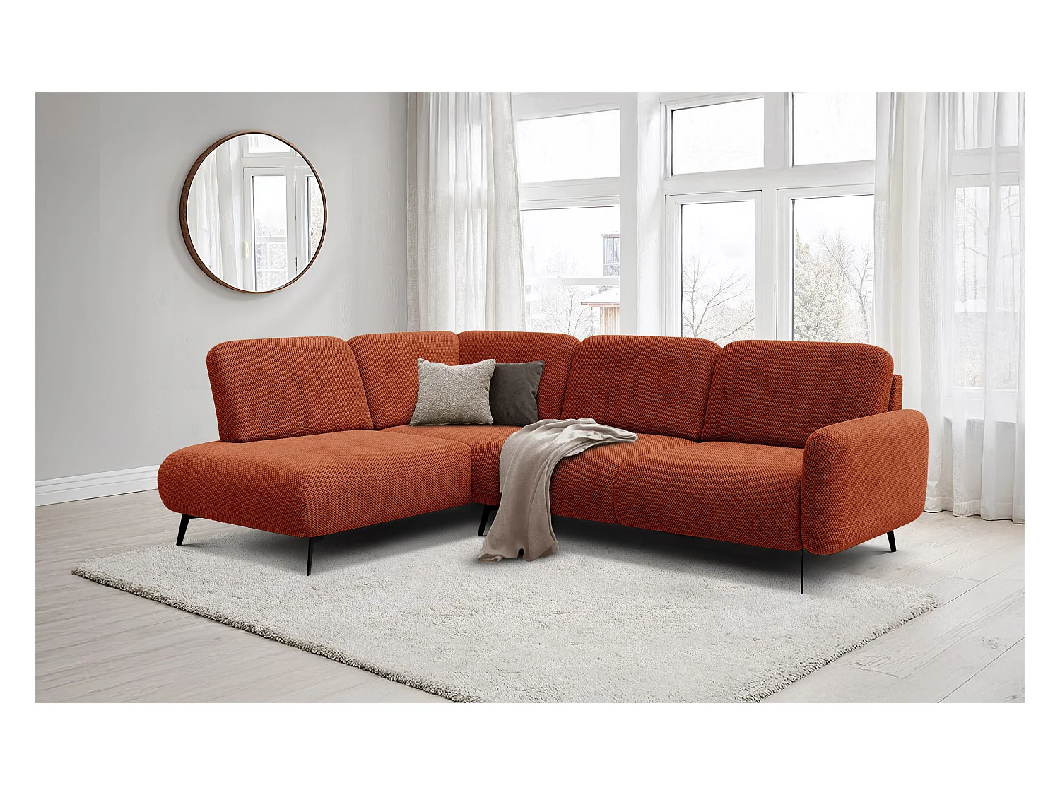 CANAPÉ D'ANGLE FEBE 5 places, tissu orange foncé