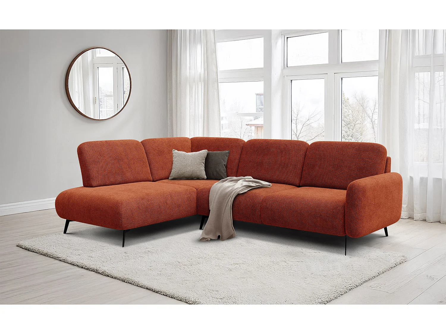 CANAPÉ D'ANGLE FEBE 5 places, tissu orange foncé