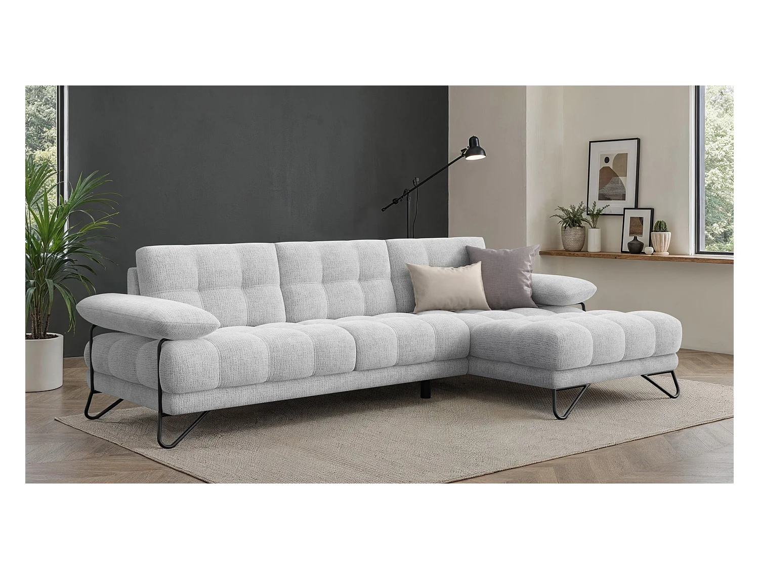 CANAPÉ D'ANGLE BUBBARA 4 places, tissu blanc