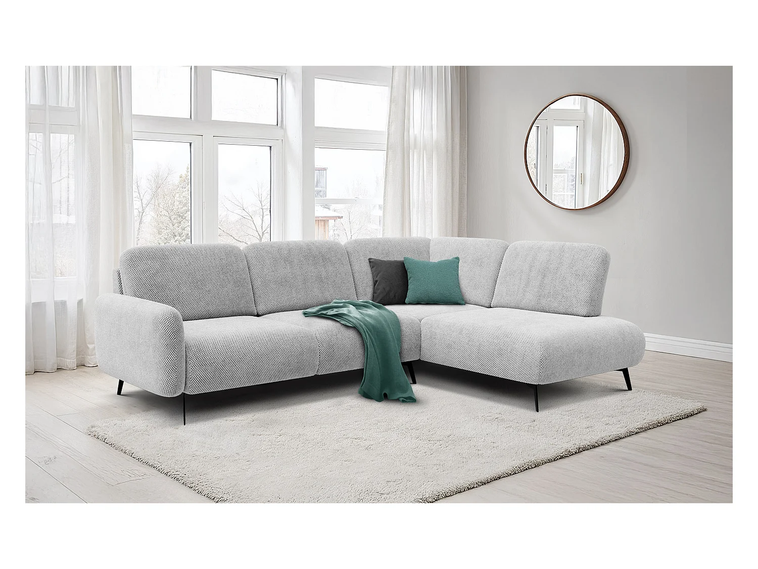 CANAPÉ D'ANGLE FEBE 5 places, tissu gris clair