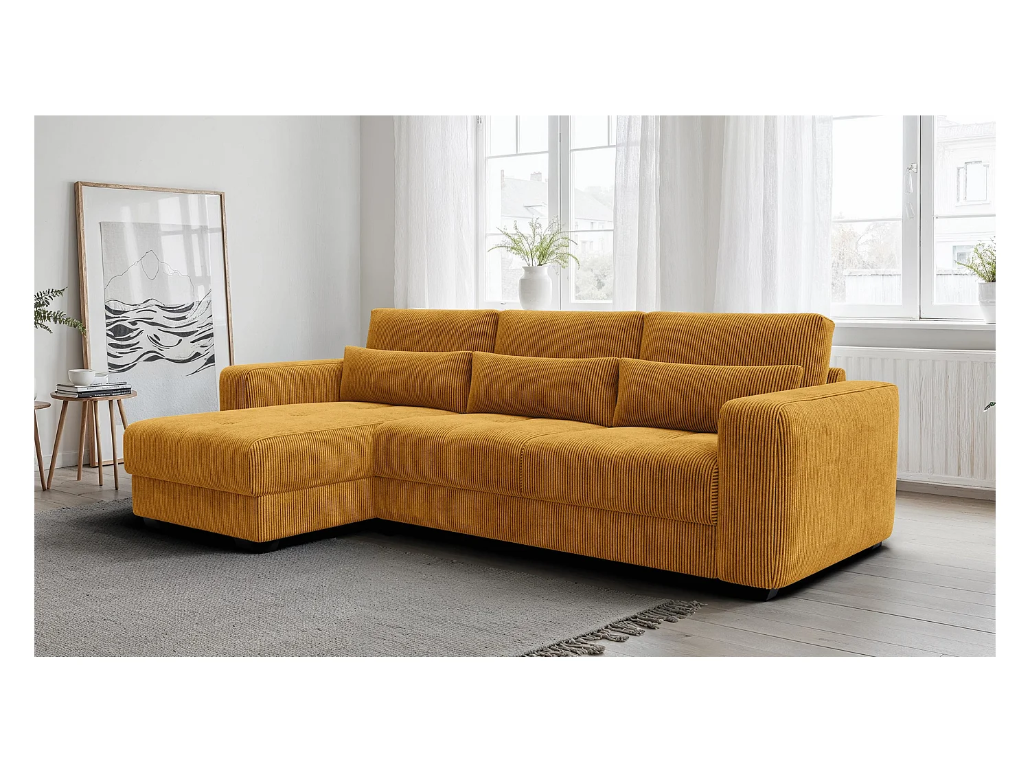 CANAPÉ D'ANGLE OLI 4 places, tissu jaune foncé