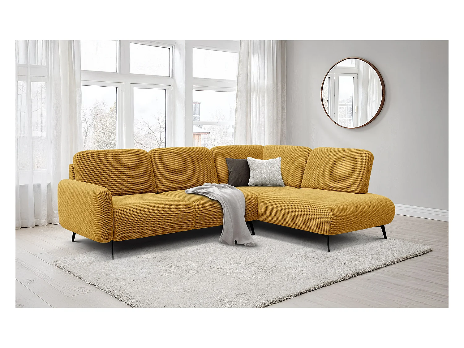 CANAPÉ D'ANGLE FEBE 5 places, tissu jaune foncé