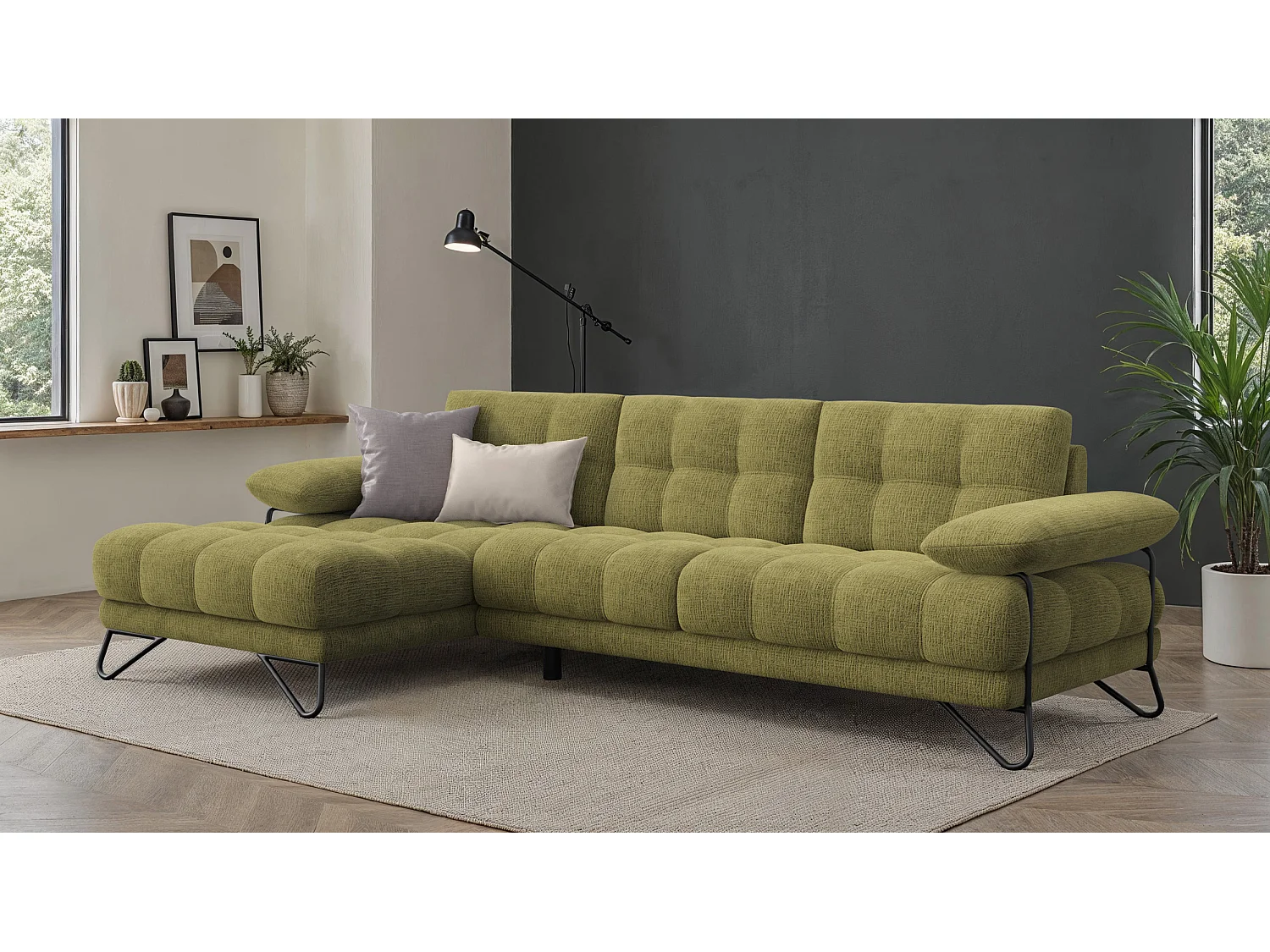 CANAPÉ D'ANGLE BUBBARA 4 places, tissu vert olive