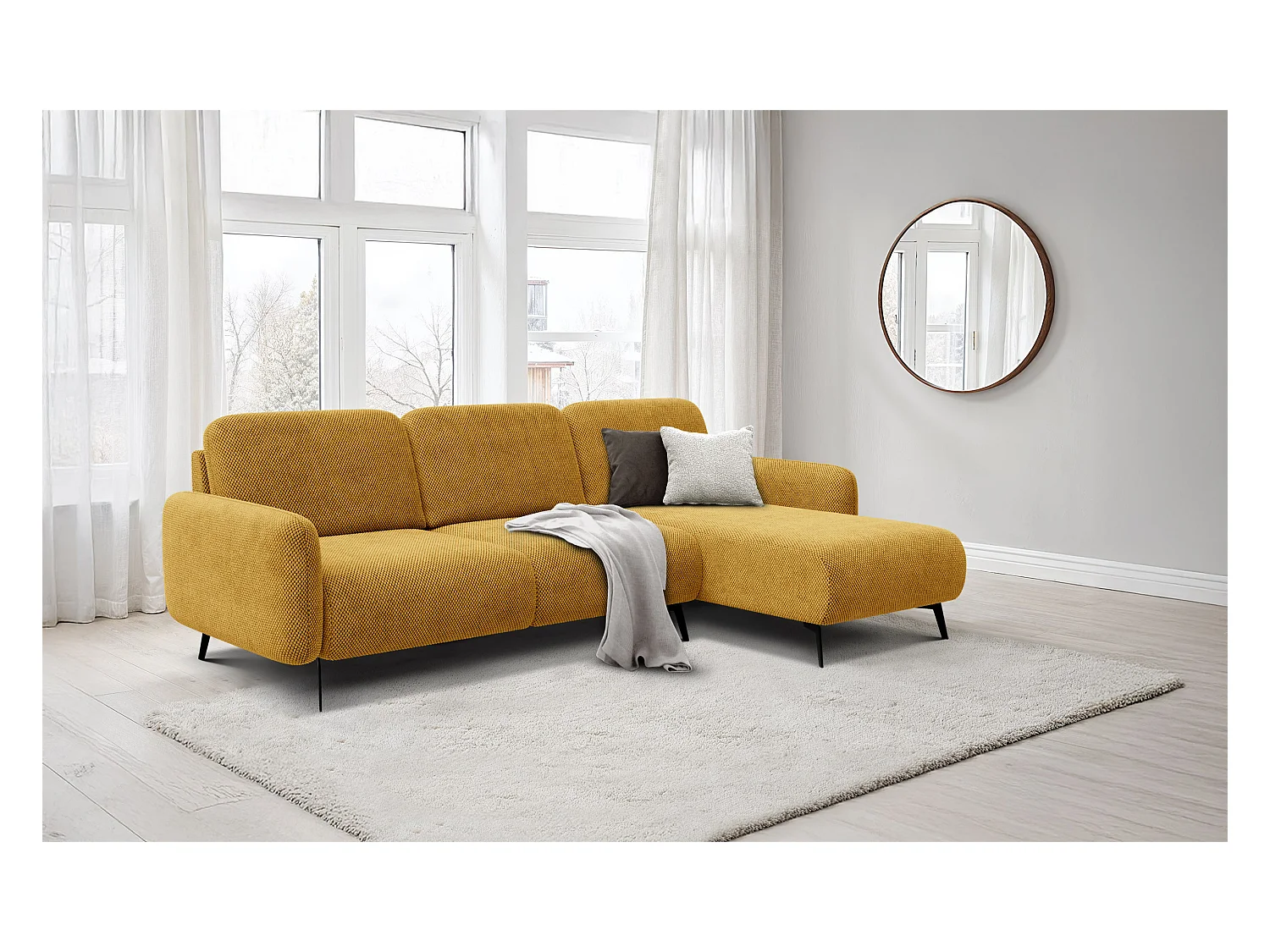 CANAPÉ D'ANGLE FEBE 4 places, tissu jaune foncé