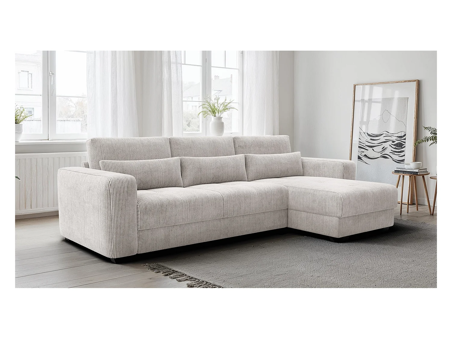 CANAPÉ D'ANGLE OLI 4 places, tissu blanc perle