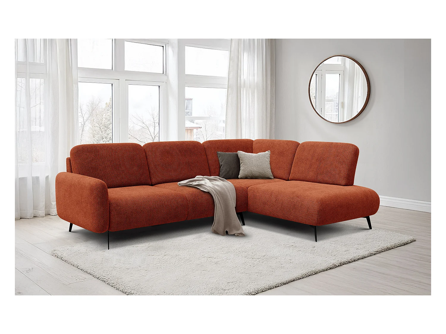CANAPÉ D'ANGLE FEBE 5 places, tissu orange foncé