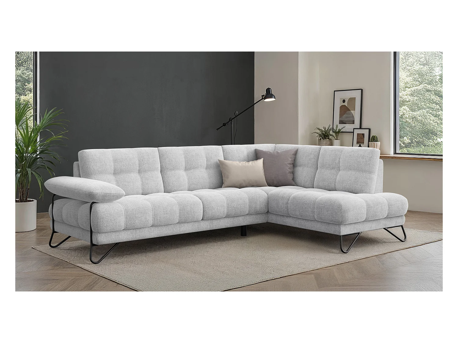 CANAPÉ D'ANGLE BUBBARA 5 places, tissu blanc