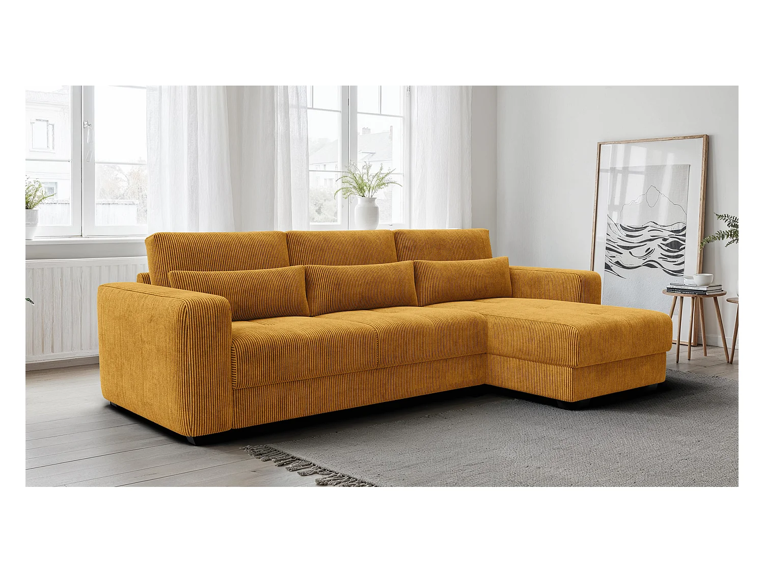 CANAPÉ D'ANGLE OLI 4 places, tissu jaune foncé