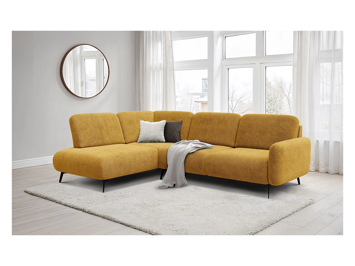 CANAPÉ D'ANGLE FEBE 5 places, tissu jaune foncé