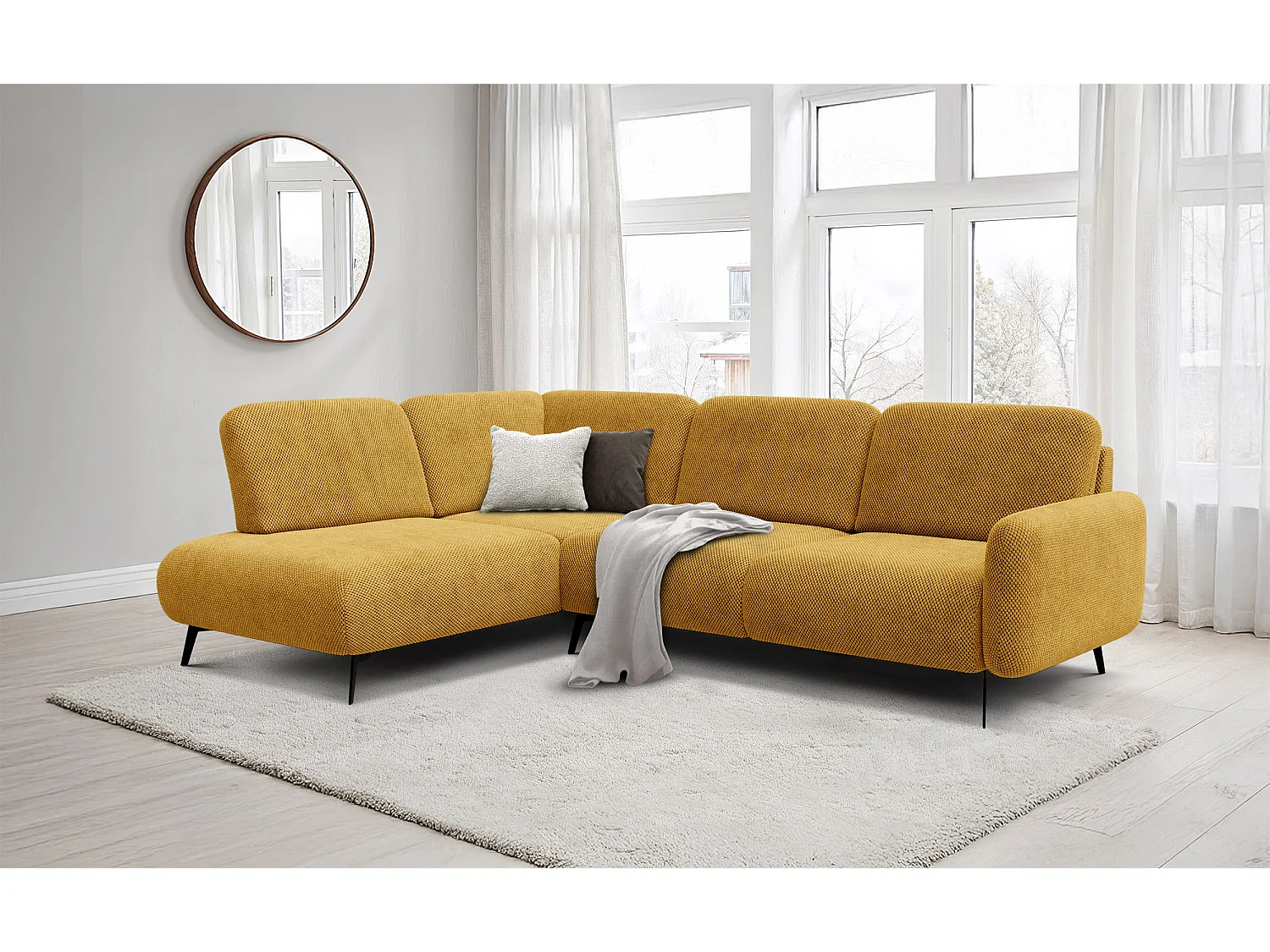 CANAPÉ D'ANGLE FEBE 5 places, tissu jaune foncé