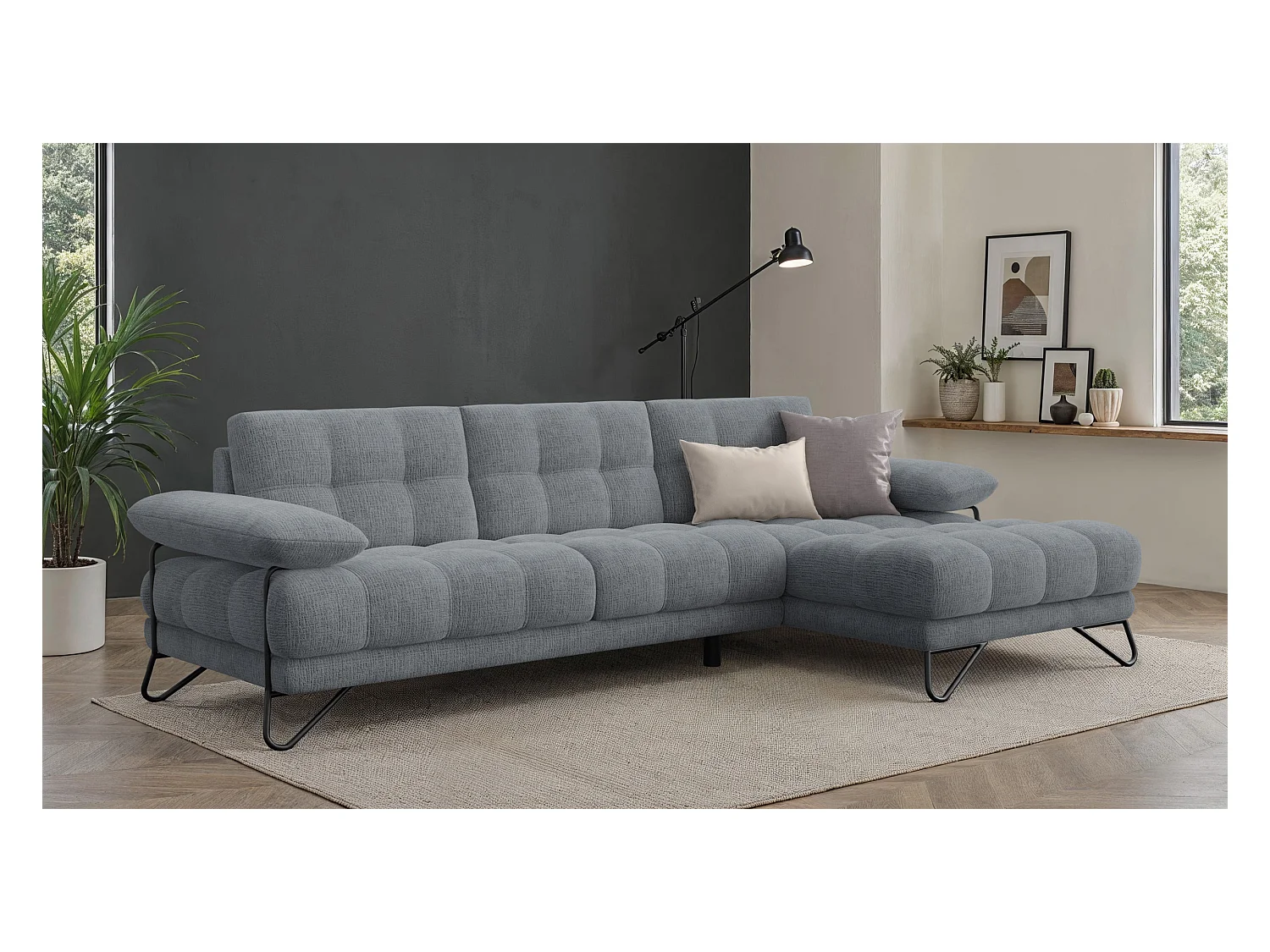 CANAPÉ D'ANGLE BUBBARA 4 places, tissu gris foncé