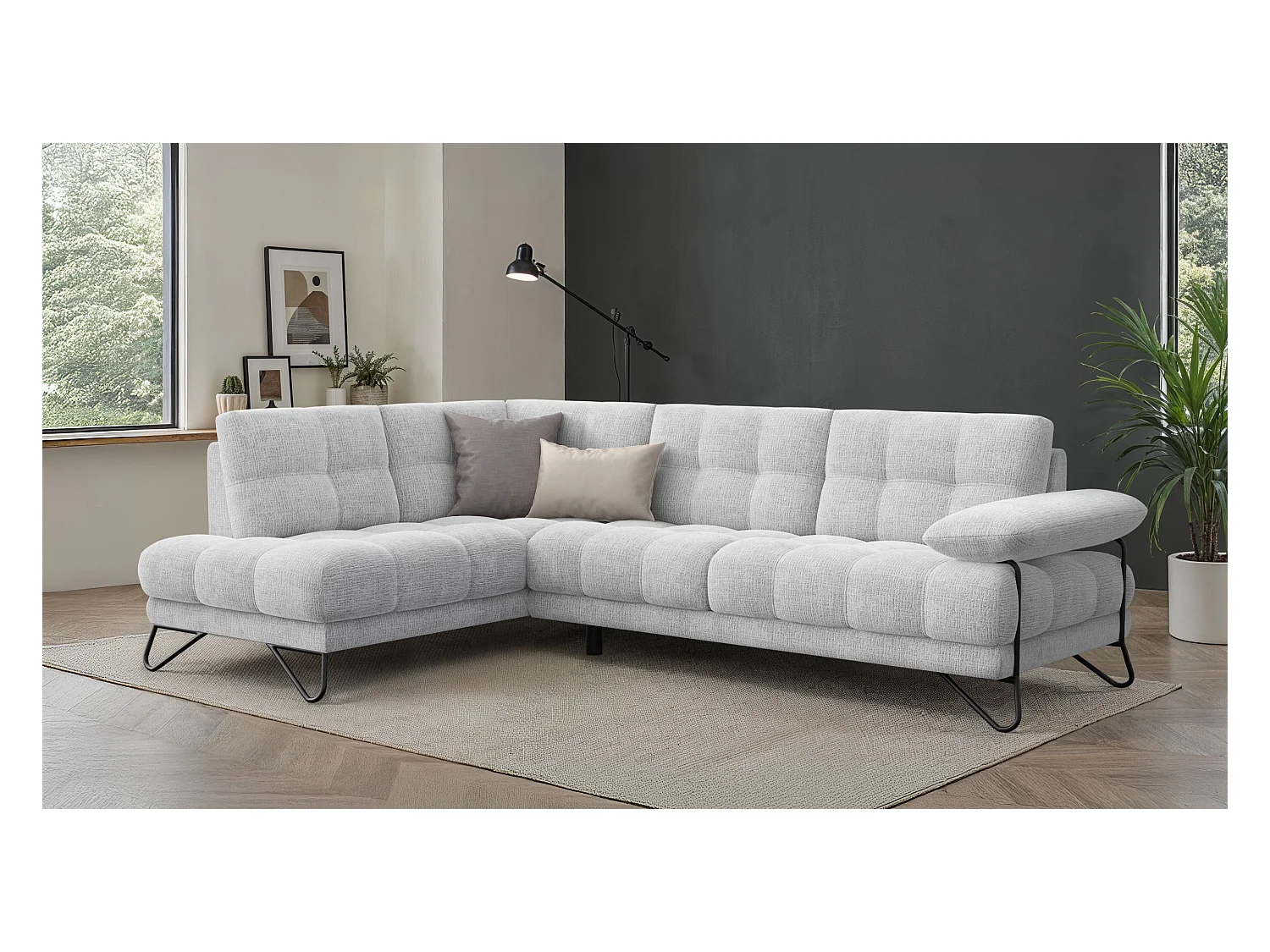 CANAPÉ D'ANGLE BUBBARA 5 places, tissu blanc