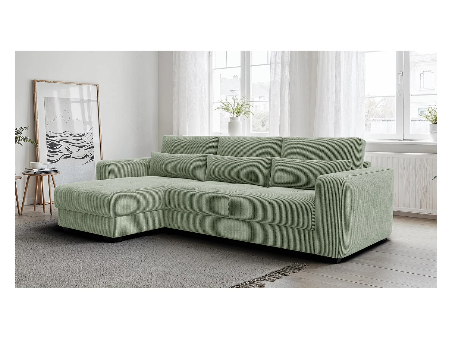 CANAPÉ D'ANGLE OLI 4 places, tissu sauge