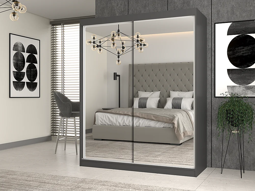 Szafa Iga 160/A | Antracyt/Dąb Artisan | 160x61x200 cm | Nowoczesna Szafa Przesuwna z Lustrami