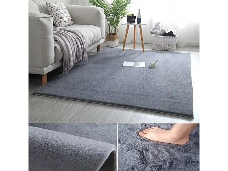 Alfombra de felpa gris suave y agradable, piel de conejo 140x200