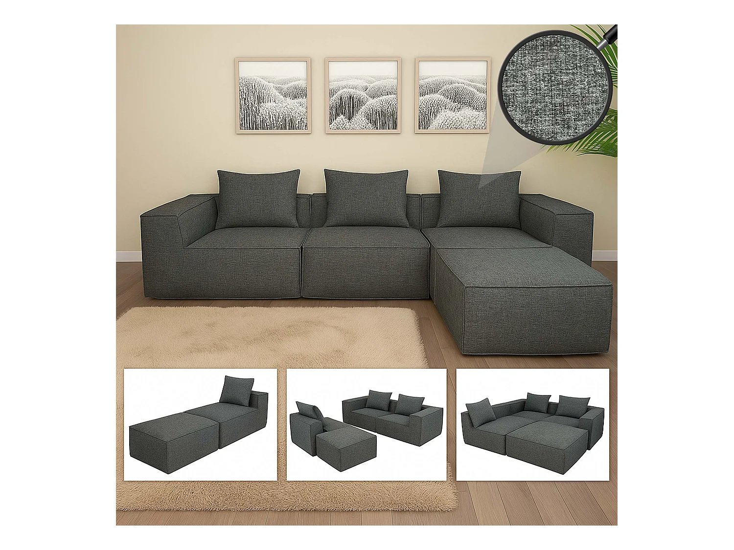 Ensemble canapé MCW-O54 (4 pièces),  gris foncé