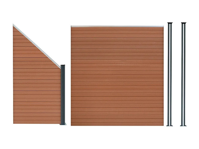 Vallas para exteriores de WPC y Aluminio - 1x Panel Cuadrado + 1x Oblicuo + 2x Postes con LED | Marrón