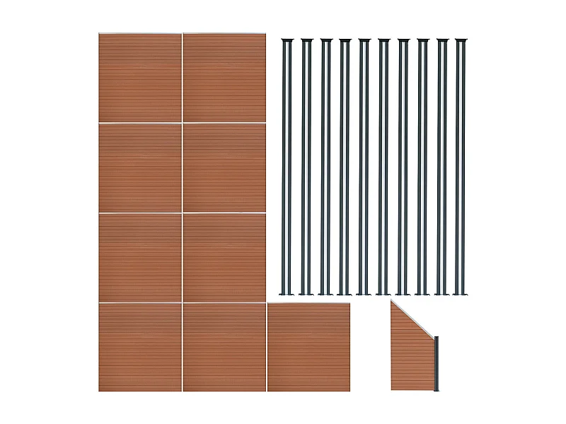 Kit Clôture Panneaux en Composite 9 Quadratique, 1 Incliné & 10 Poteaux à LED - Marron