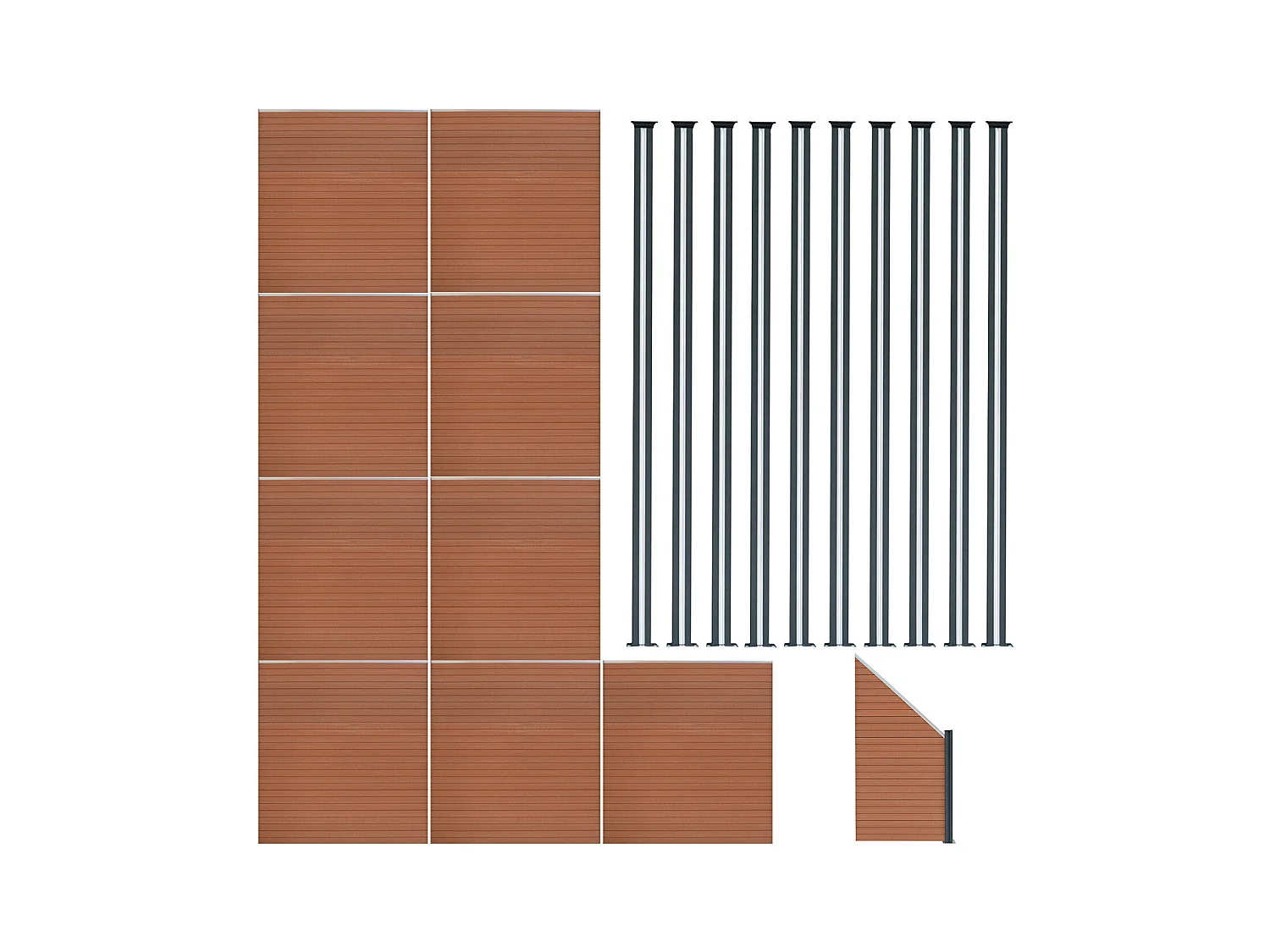 Composiet Schutting Paneel x 9, Schuin Paneel & LED Palen x 10 - Bruin