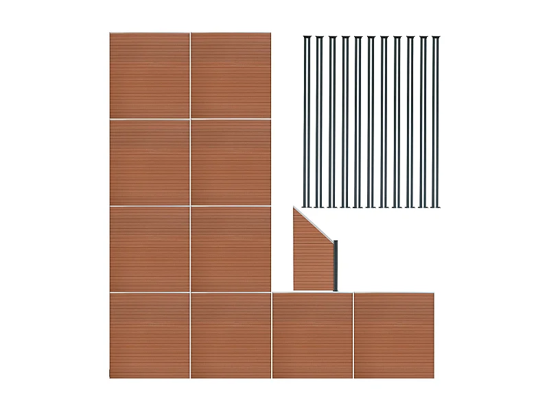 Pannelli Recinzione x10, Elemento Angolare e 11 Pali LED - Marrone