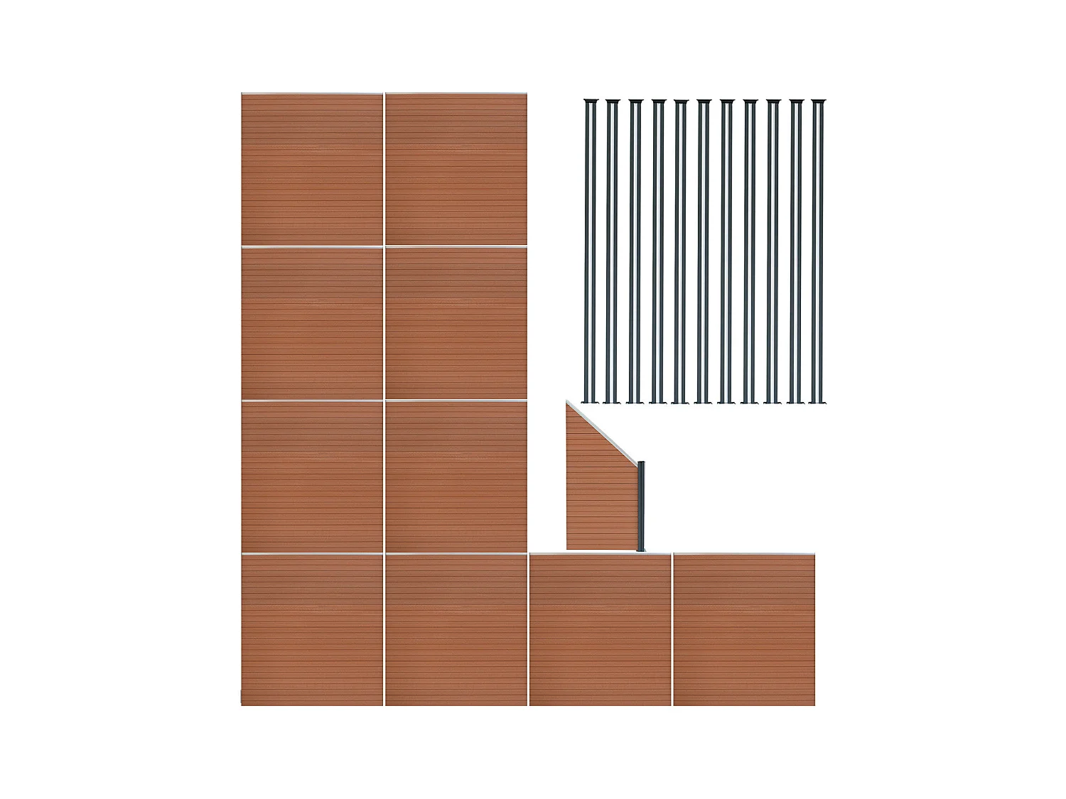 Composiet Schutting Paneel x 10, Schuin Paneel & LED Palen x 11 - Bruin