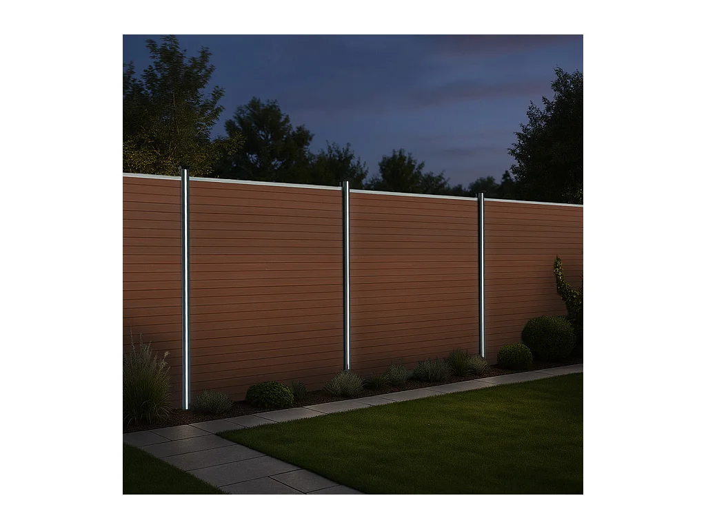 Composiet Schutting Paneel x 10, Schuin Paneel & LED Palen x 11 - Bruin