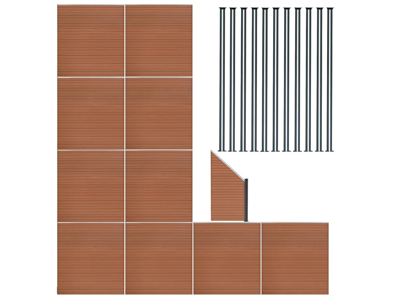 Kit Clôture Panneaux en Composite 10 Quadratique, 1 Incliné & 11 Poteaux à LED - Marron