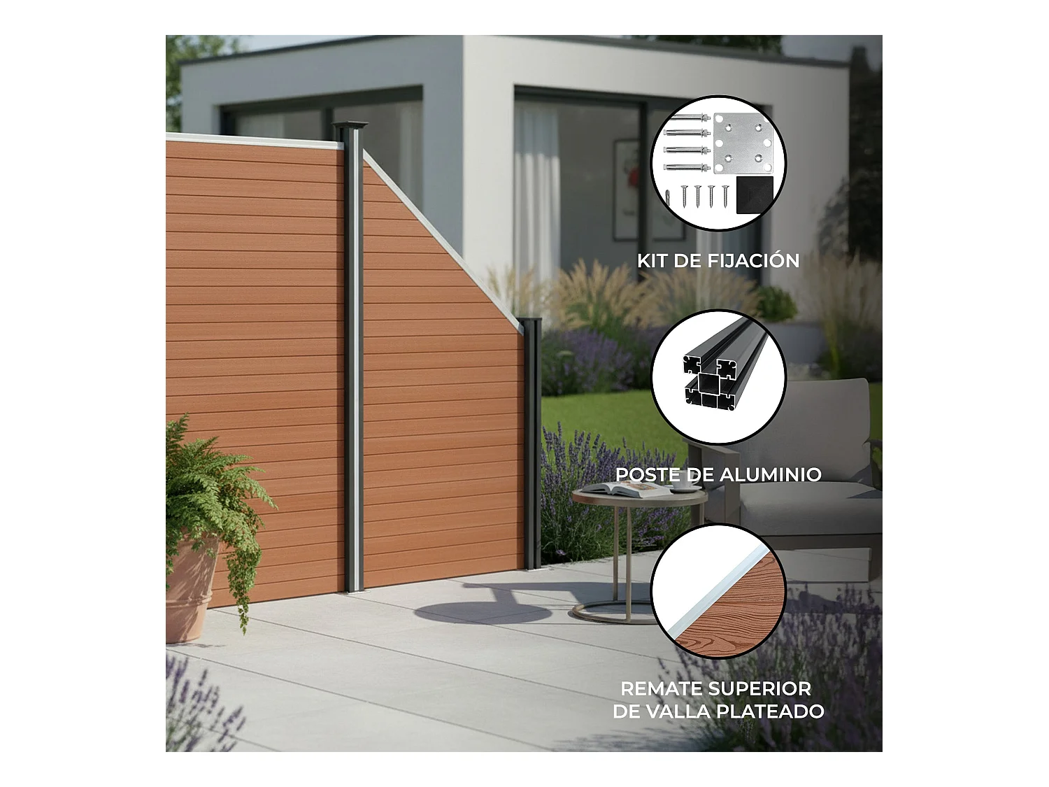 Vallas para exteriores de WPC y Aluminio - 1x Panel Oblicuo + 1x Poste | Marrón