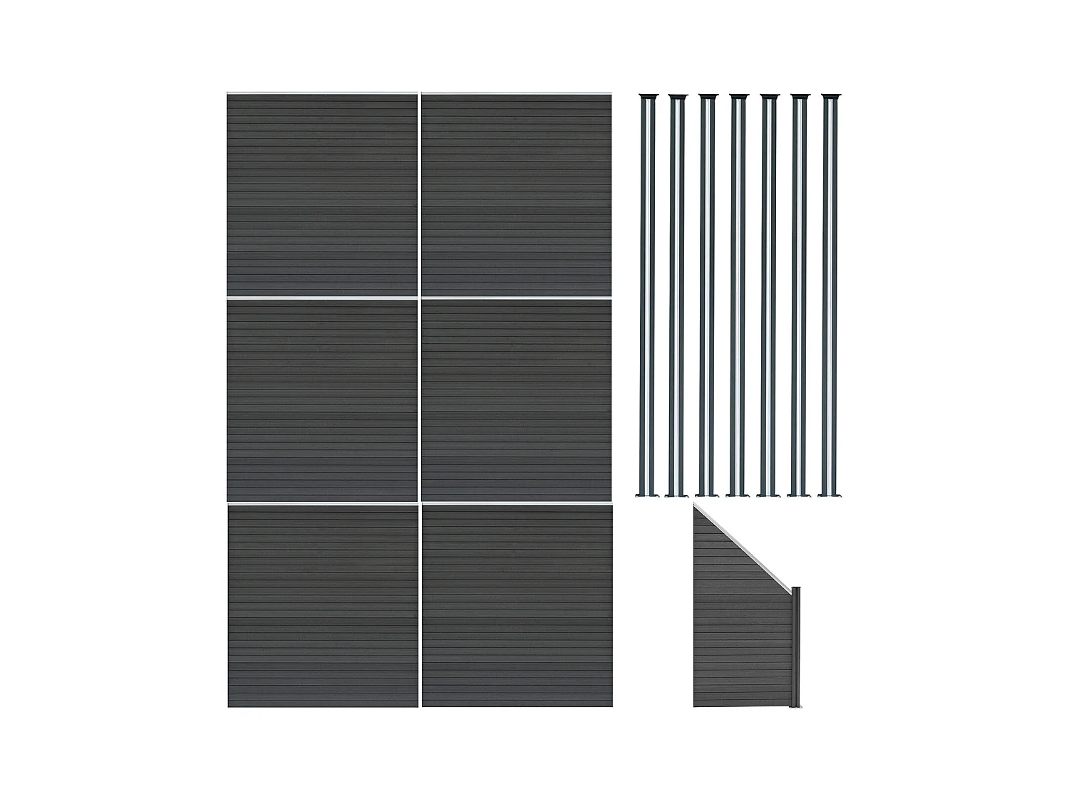 Composiet Schutting Panelen x 6, Schuin Paneel & LED Palen x 7 - Grijs