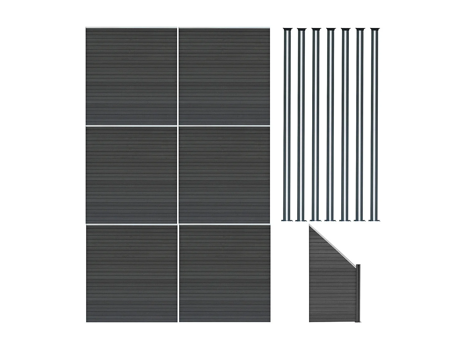 Kit Clôture Panneaux en Composite 6 Quadratique, 1 Incliné & 7 Poteaux à LED - Gris