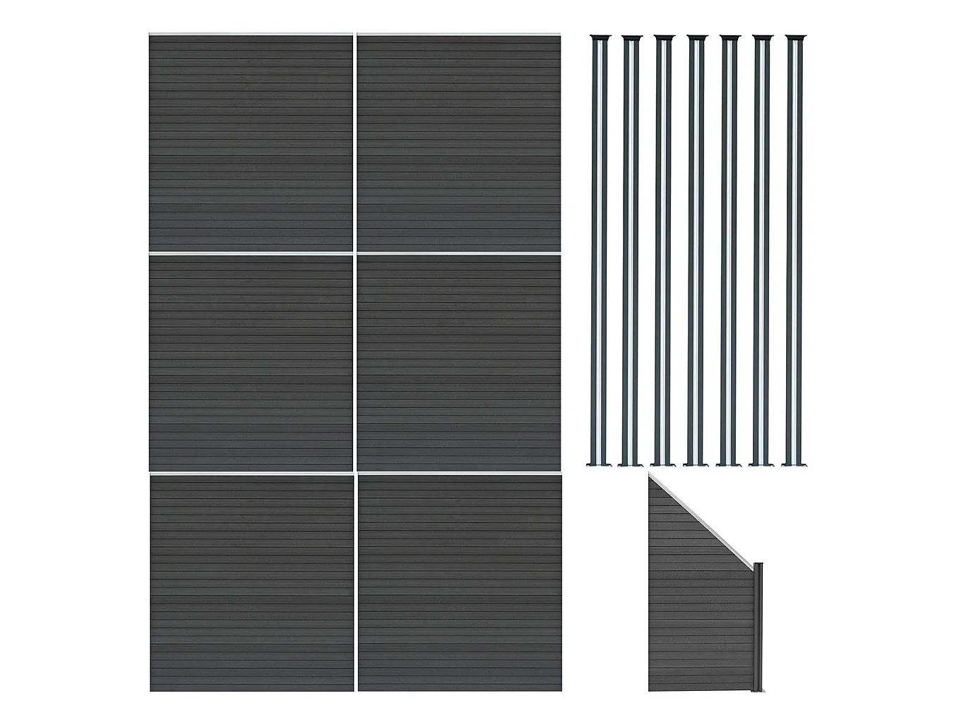 Kit Clôture Panneaux en Composite 6 Quadratique, 1 Incliné & 7 Poteaux à LED - Gris