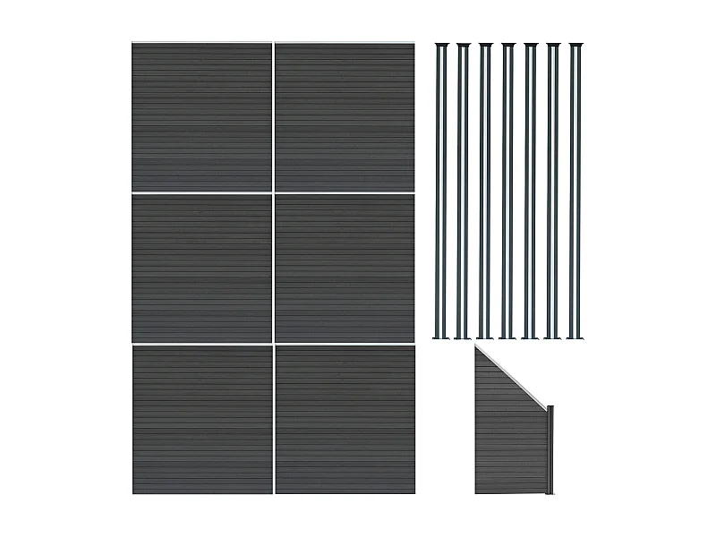 Composiet Schutting Panelen x 6, Schuin Paneel & LED Palen x 7 - Grijs
