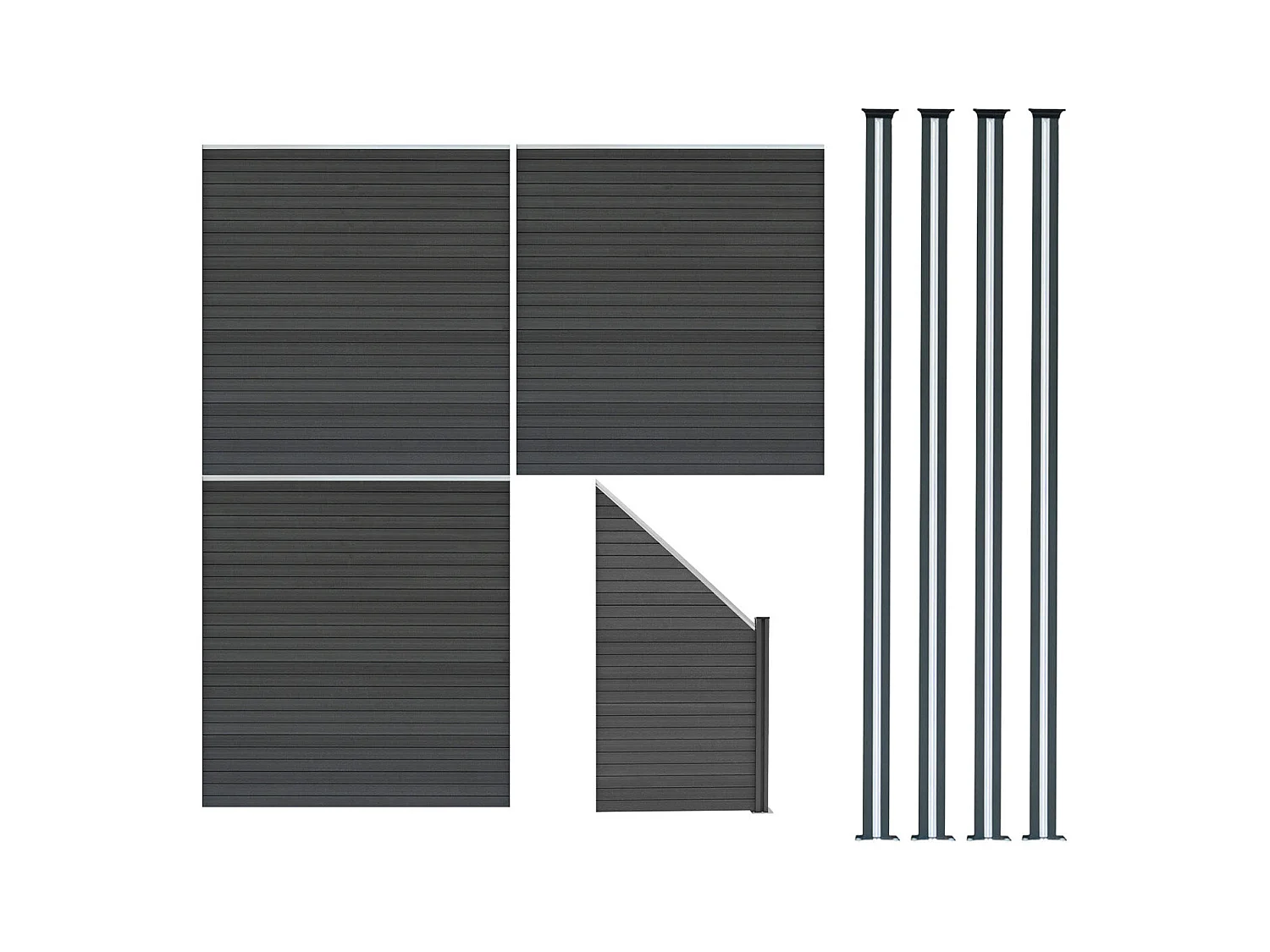 Vallas para exteriores de WPC y Aluminio - 3x Paneles Cuadrados + 1x Oblicuo + 4x Postes con LED | Gris