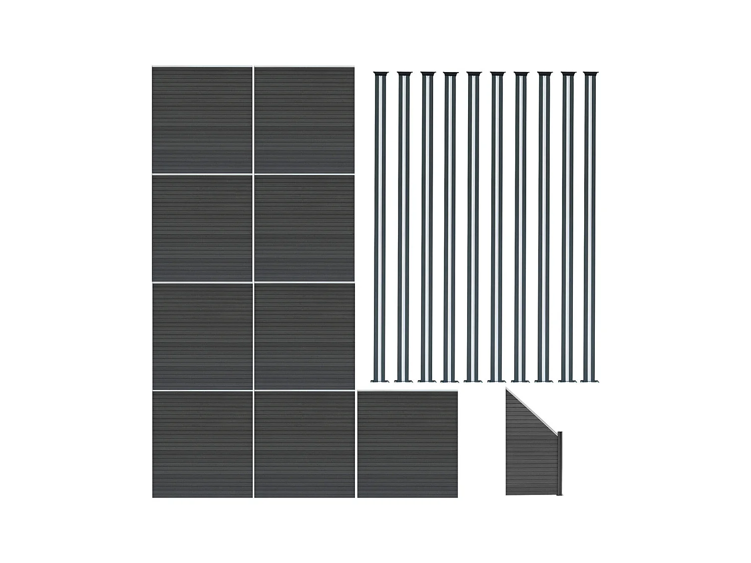 Composiet Schutting Panelen x 9, Schuin Paneel & LED Palen x 10 - Grijs