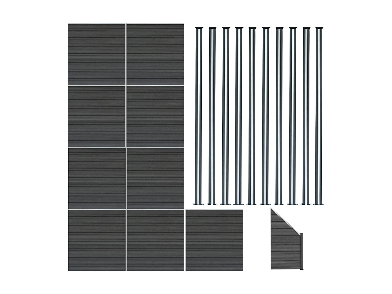Kit Clôture Panneaux en Composite 9 Quadratique, 1 Incliné & 10 Poteaux à LED - Gris