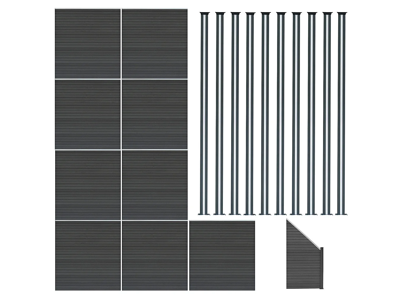 Kit Clôture Panneaux en Composite 9 Quadratique, 1 Incliné & 10 Poteaux à LED - Gris