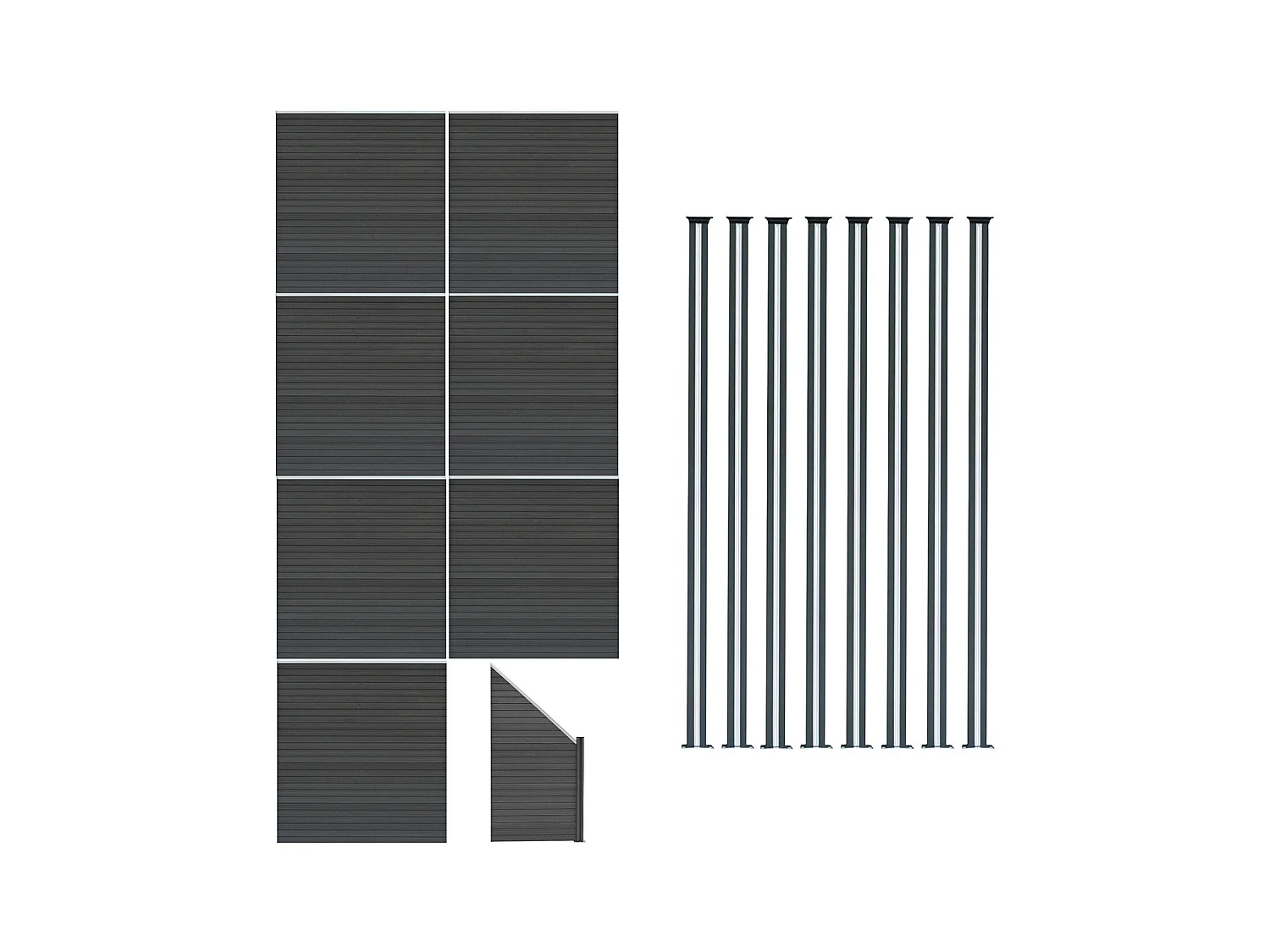 Composiet Schutting Panelen x 7, Schuin Paneel & LED Palen x 8 - Grijs