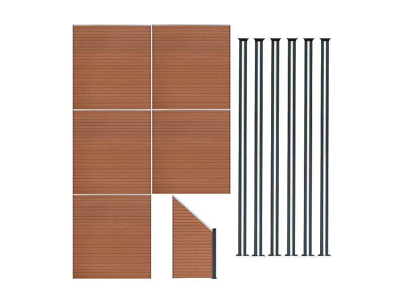 Vallas para exteriores de WPC y Aluminio - 5x Paneles Cuadrados + 1x Oblicuo + 6x Postes con LED | Marrón