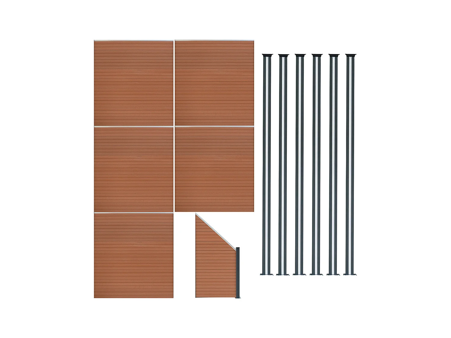 Composiet Schutting Paneel x 5, Schuin Paneel & LED Palen x 6 - Bruin