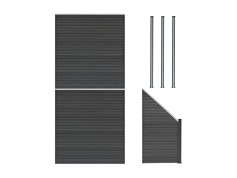 Kit Clôture Panneaux en Composite 2 Quadratique, 1 Incliné & 3 Poteaux à LED - Gris