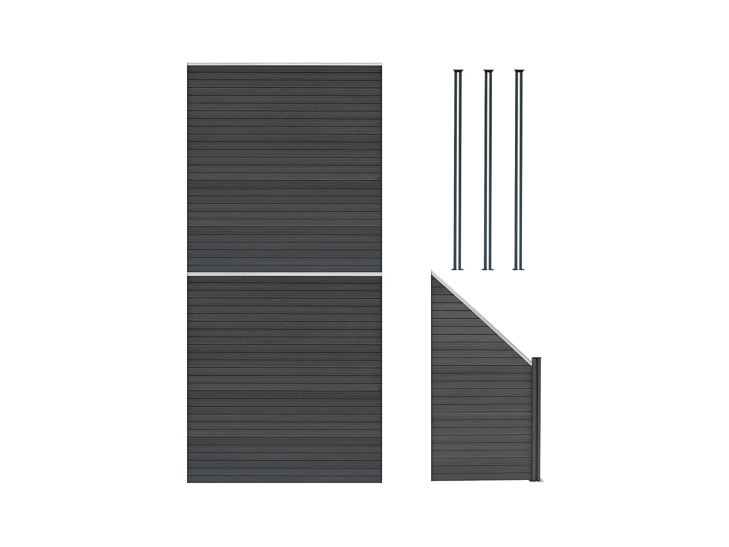 Composiet Schutting Panelen x 2, Schuin Paneel & LED Palen x 3 - Grijs