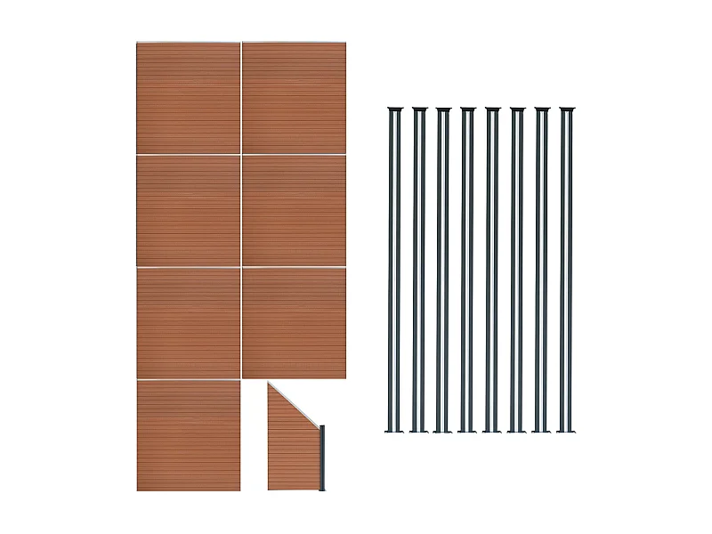 Vallas para exteriores de WPC y Aluminio - 7xPaneles Cuadrados + 1x Oblicuo + 8x Postes con LED | Marrón