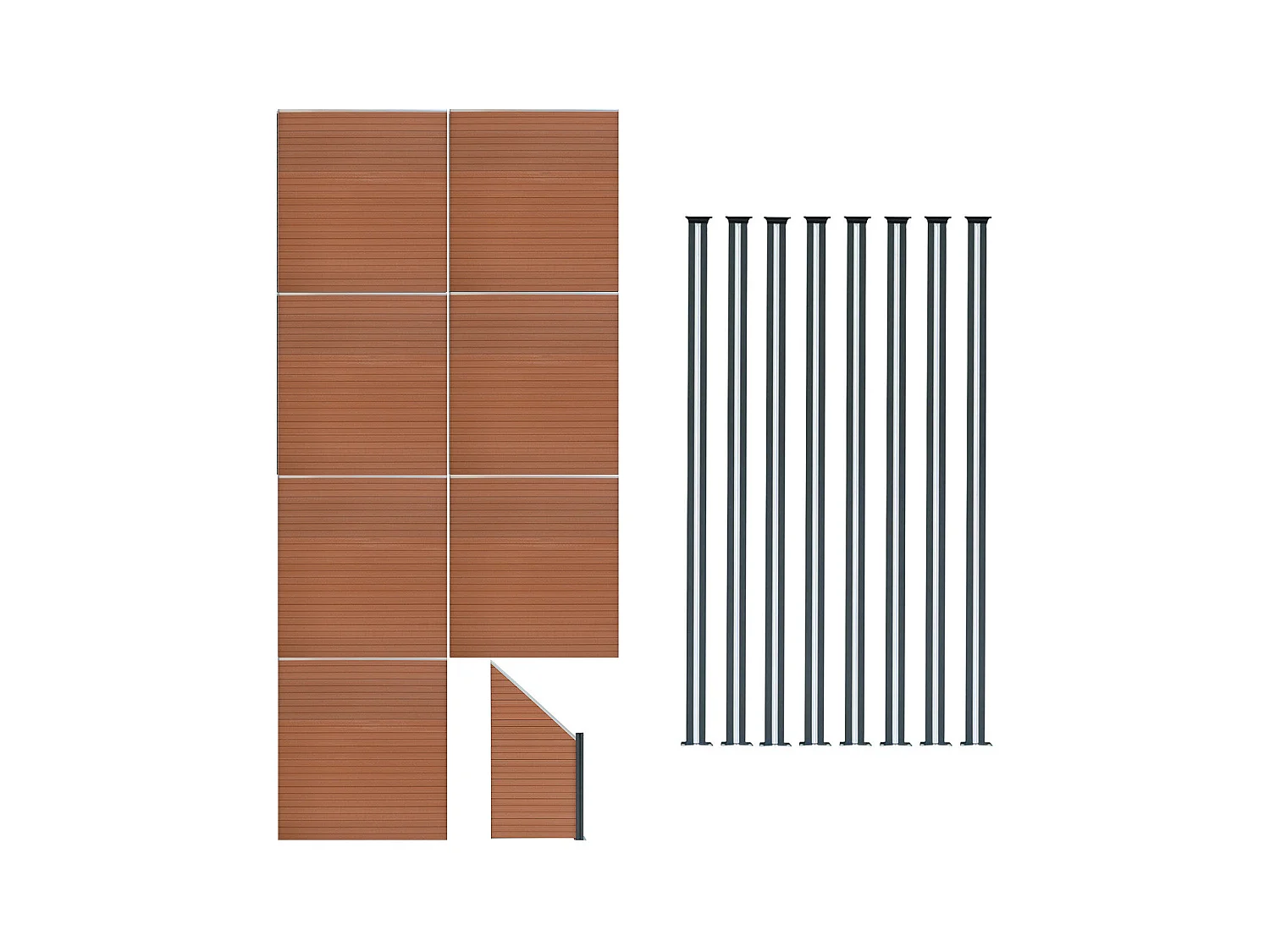 Composiet Schutting Paneel x 7, Schuin Paneel & LED Palen x 8 - Bruin