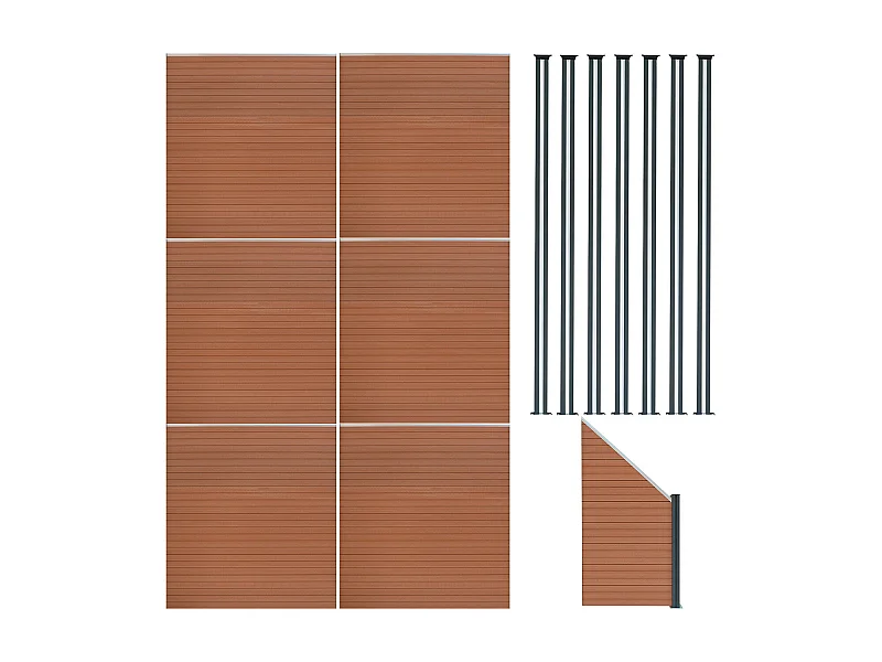 Vallas para exteriores de WPC y Aluminio - 6xPaneles Cuadrados + 1x Oblicuo + 7x Postes con LED | Marrón