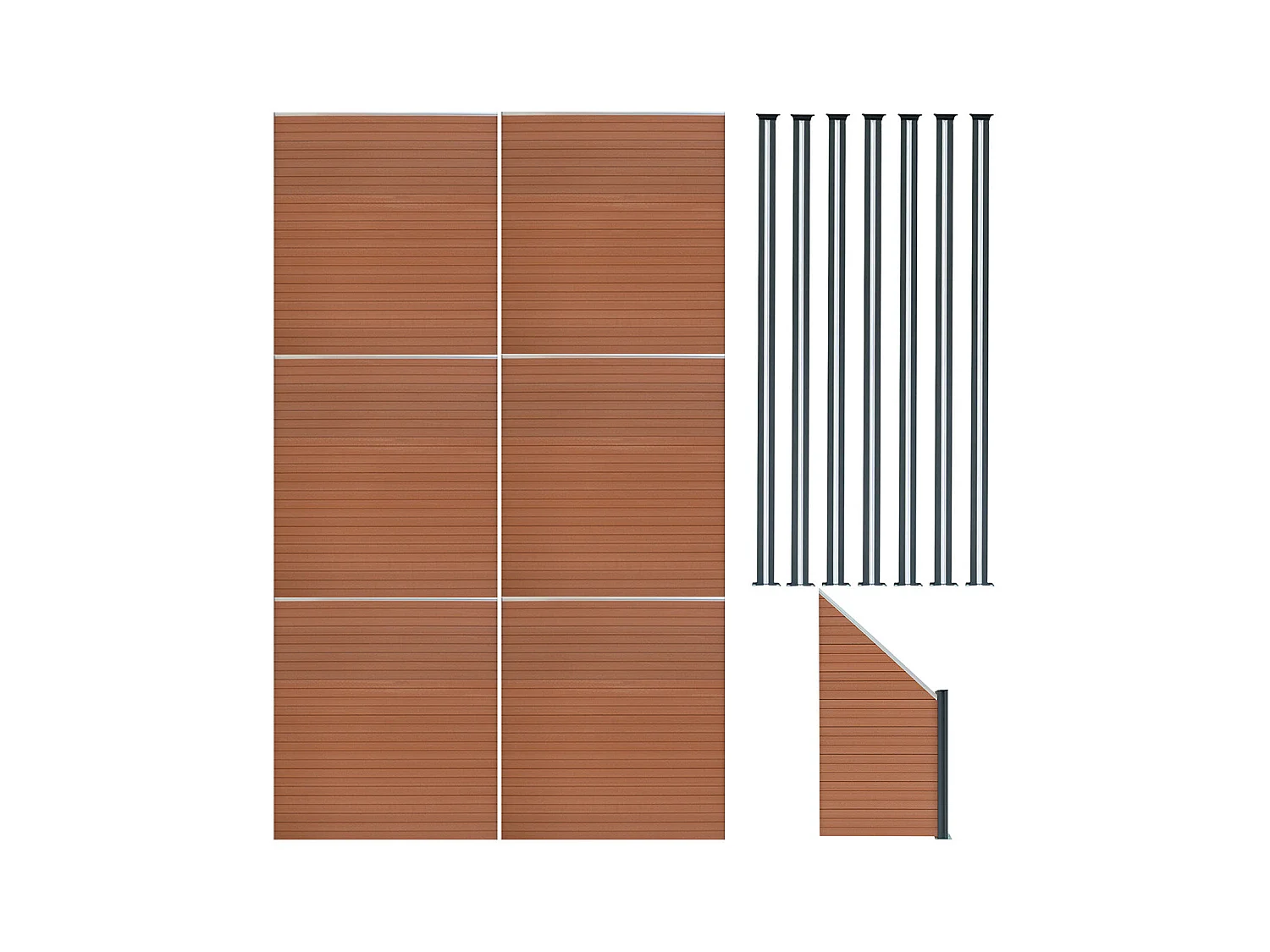 Composiet Schutting Paneel x 6, Schuin Paneel & LED Palen x 7 - Bruin