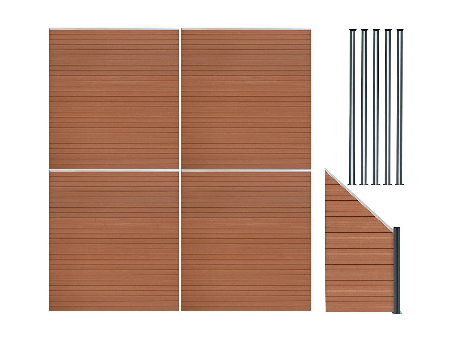 Vallas para exteriores de WPC y Aluminio - 4x Paneles Cuadrados + 1x Oblicuo + 5x Postes con LED | Marrón